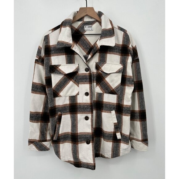 Cisono Eliana Flannel Shacket Women Large White Brown Plaid Button Up Pockets - Picture 1 of 8